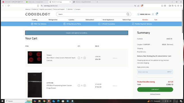 Cookology checkout page showing Cookology promo code box | Screenshot taken by SimplyCodes community member on Jul 10, 2025