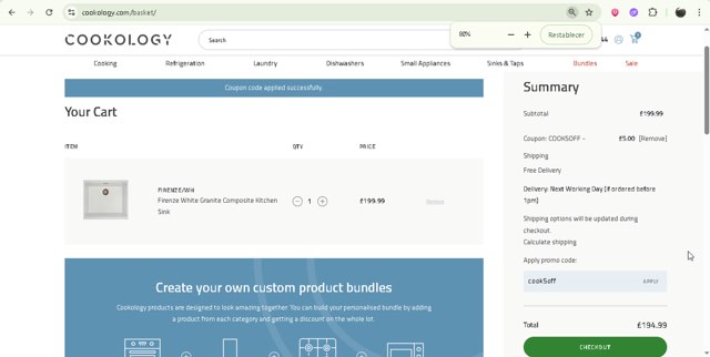 Cookology checkout page showing Cookology promo code box | Screenshot taken by SimplyCodes community member on Jul 10, 2025