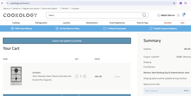Cookology checkout page showing Cookology promo code box | Screenshot taken by SimplyCodes community member on Feb 28, 2025