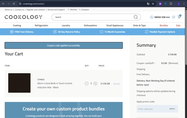Cookology checkout page showing Cookology promo code box | Screenshot taken by SimplyCodes community member on May 9, 2025