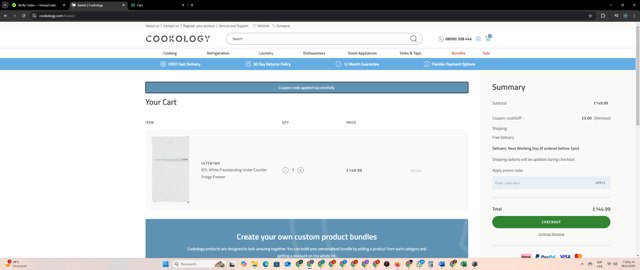 Cookology checkout page showing Cookology promo code box | Screenshot taken by SimplyCodes community member on Feb 28, 2025