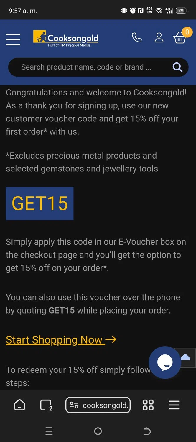 Cooksongold discount code screenshot showing code GET15 applied at Cooksongold checkout page. Uploaded by SimplyCodes community member CouponNavigator9812 on Aug 25, 2025