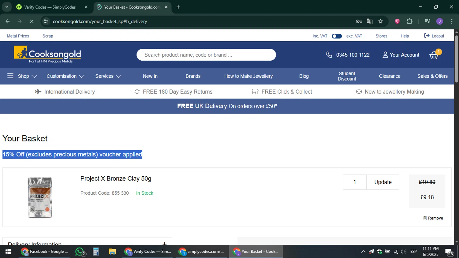 Cooksongold discount code screenshot showing code GET15 applied at Cooksongold checkout page. Uploaded by SimplyCodes community member sniderjack453 on Jun 6, 2025