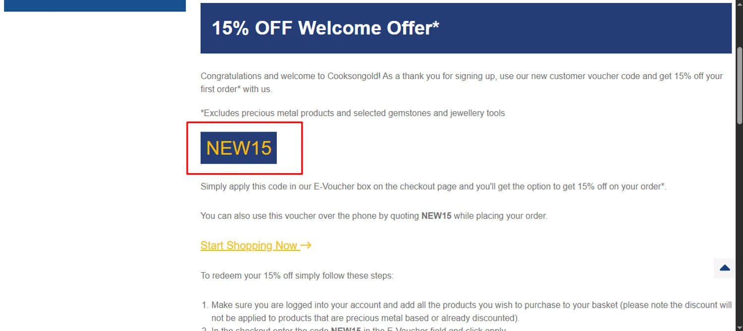 Cooksongold discount code screenshot showing code NEW15 applied at Cooksongold checkout page. Uploaded by SimplyCodes community member noworries on Jun 28, 2025