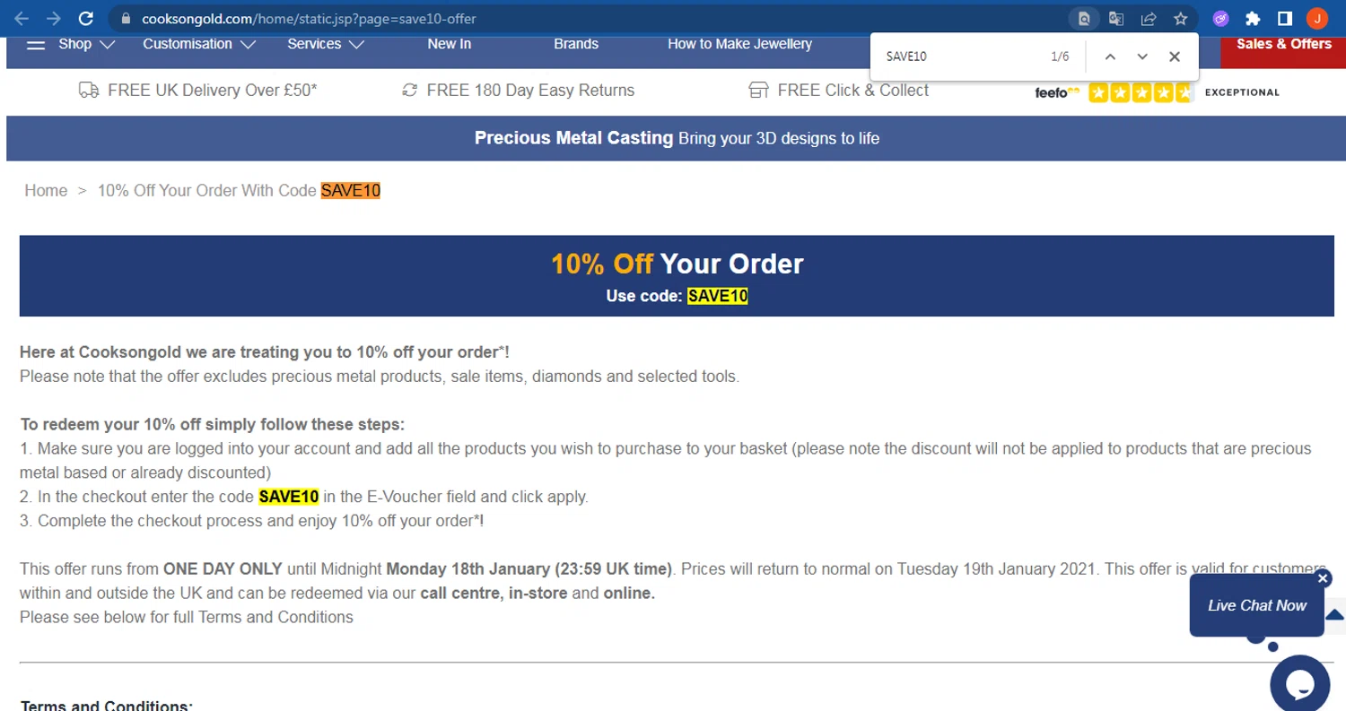 Cooksongold discount code screenshot showing code SAVE10 applied at Cooksongold checkout page. Uploaded by SimplyCodes community member FranquizJoel on Sep 1, 2025