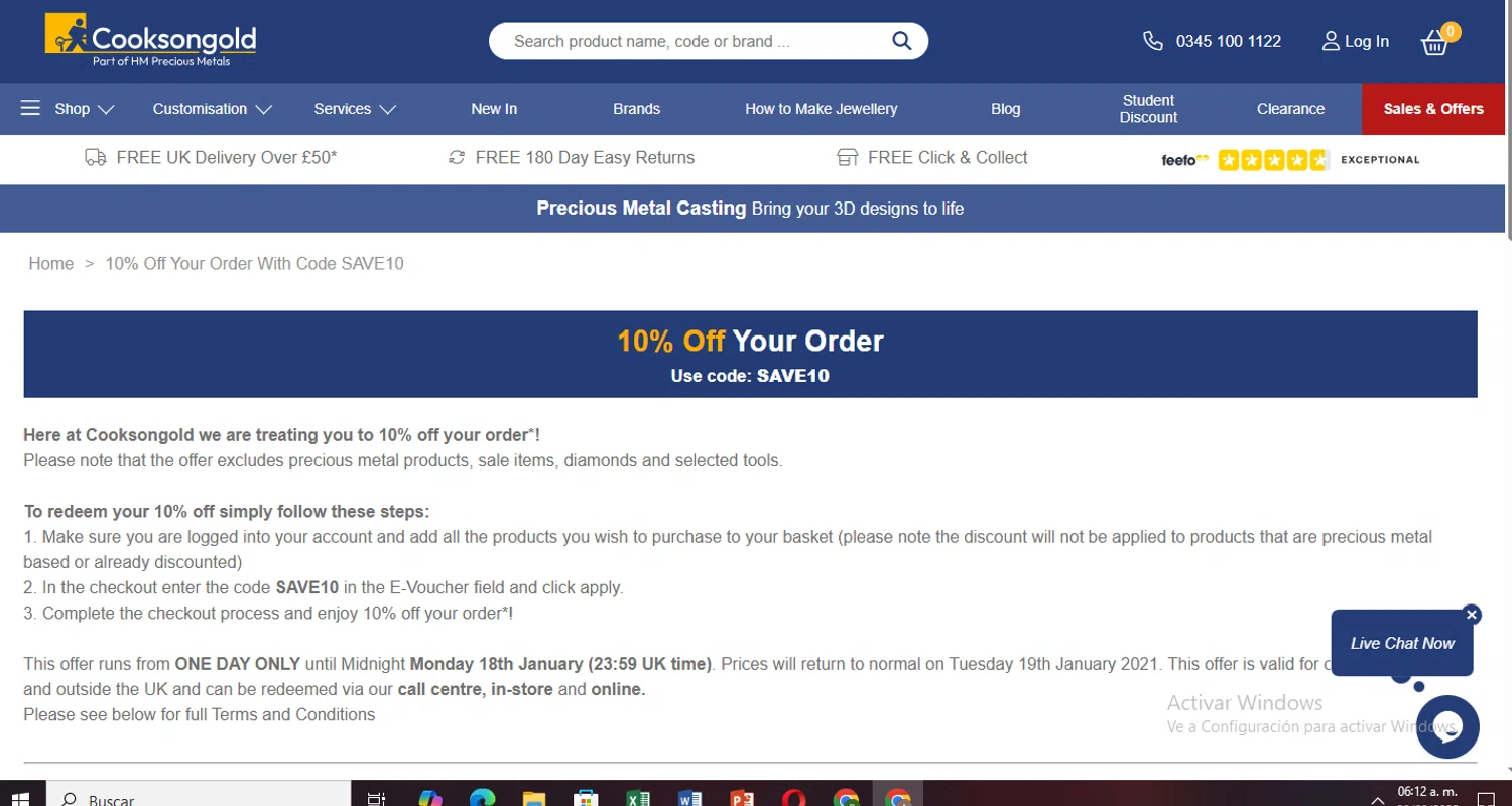 Cooksongold discount code screenshot showing code SAVE10 applied at Cooksongold checkout page. Uploaded by SimplyCodes community member HobieBrown on Sep 30, 2025