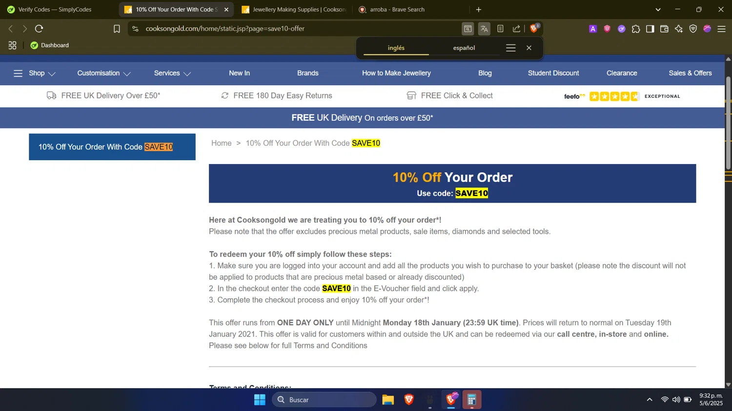 Cooksongold discount code screenshot showing code SAVE10 applied at Cooksongold checkout page. Uploaded by SimplyCodes community member SwiftTracker9305 on Jun 6, 2025