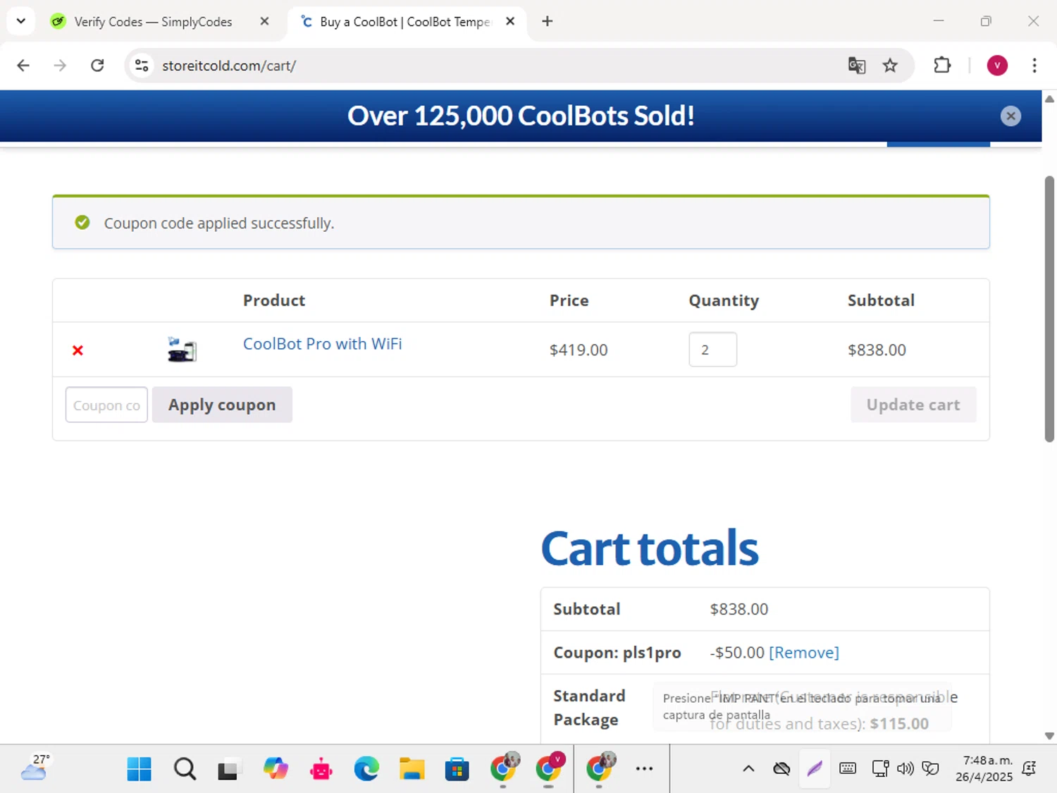 CoolBot coupon code screenshot showing code pls1pro applied at CoolBot checkout page. Uploaded by SimplyCodes community member karoline on Apr 26, 2025