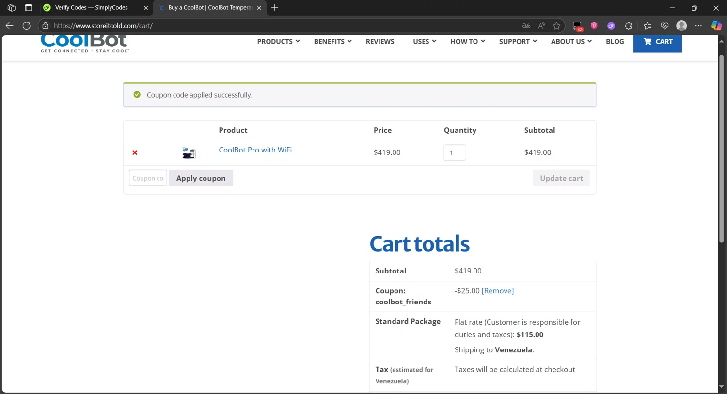 CoolBot coupon code screenshot showing code COOLBOT_FRIENDS applied at CoolBot checkout page. Uploaded by SimplyCodes community member Eltoro20 on Jun 22, 2025