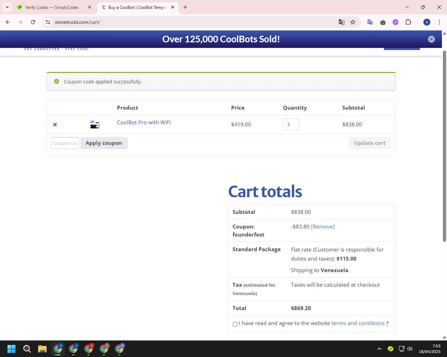 CoolBot coupon code screenshot showing code FOUNDERFEST applied at CoolBot checkout page. Uploaded by SimplyCodes community member ExtraordinarySleuth4345 on Apr 18, 2025
