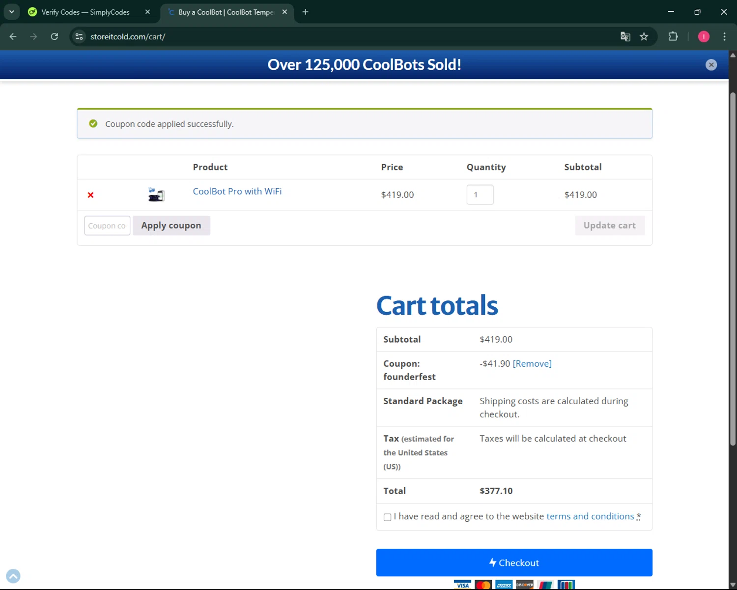 CoolBot coupon code screenshot showing code FOUNDERFEST applied at CoolBot checkout page. Uploaded by SimplyCodes community member BargainSeeker9964 on Apr 18, 2025