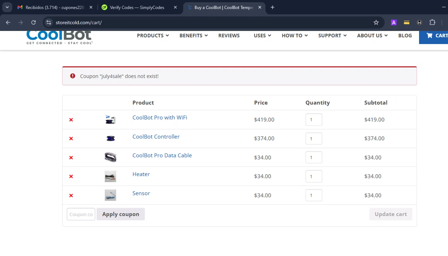 CoolBot coupon code screenshot showing code JULY4SALE applied at CoolBot checkout page. Uploaded by SimplyCodes community member Eduard on Aug 1, 2025