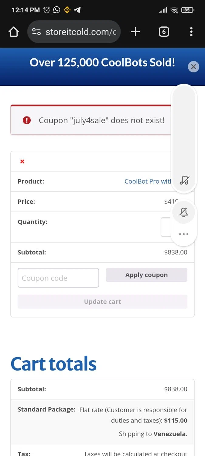 CoolBot coupon code screenshot showing code JULY4SALE applied at CoolBot checkout page. Uploaded by SimplyCodes community member PromoMaven605 on Aug 1, 2025