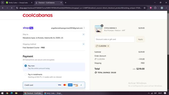 CoolCabanas checkout page showing CoolCabanas discount code box | Screenshot taken by SimplyCodes community member on Aug 8, 2025
