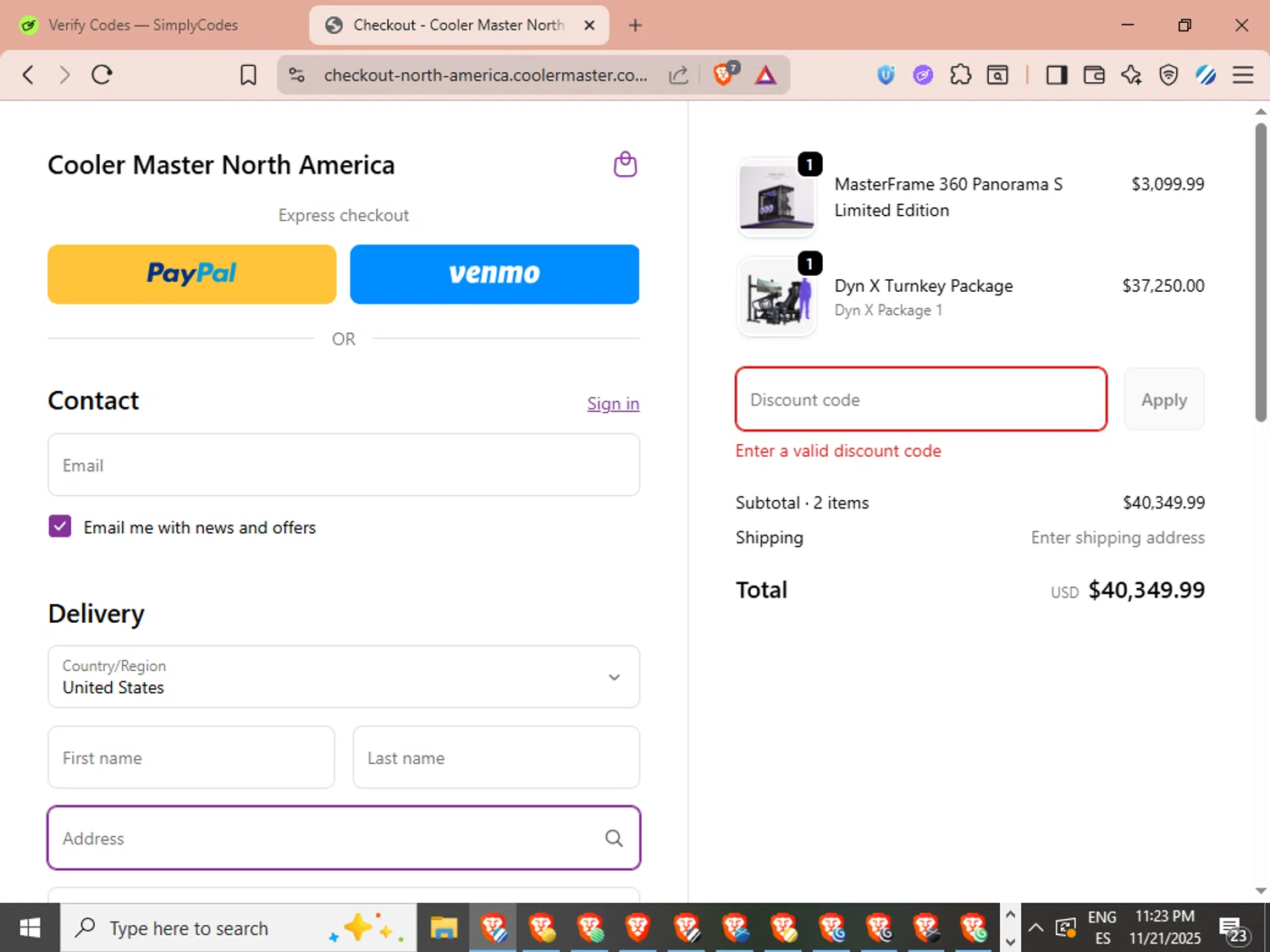 Cooler Master promo code screenshot showing code ATO300 applied at Cooler Master checkout page. Uploaded by SimplyCodes community member LuckyVoyager329 on Nov 22, 2025