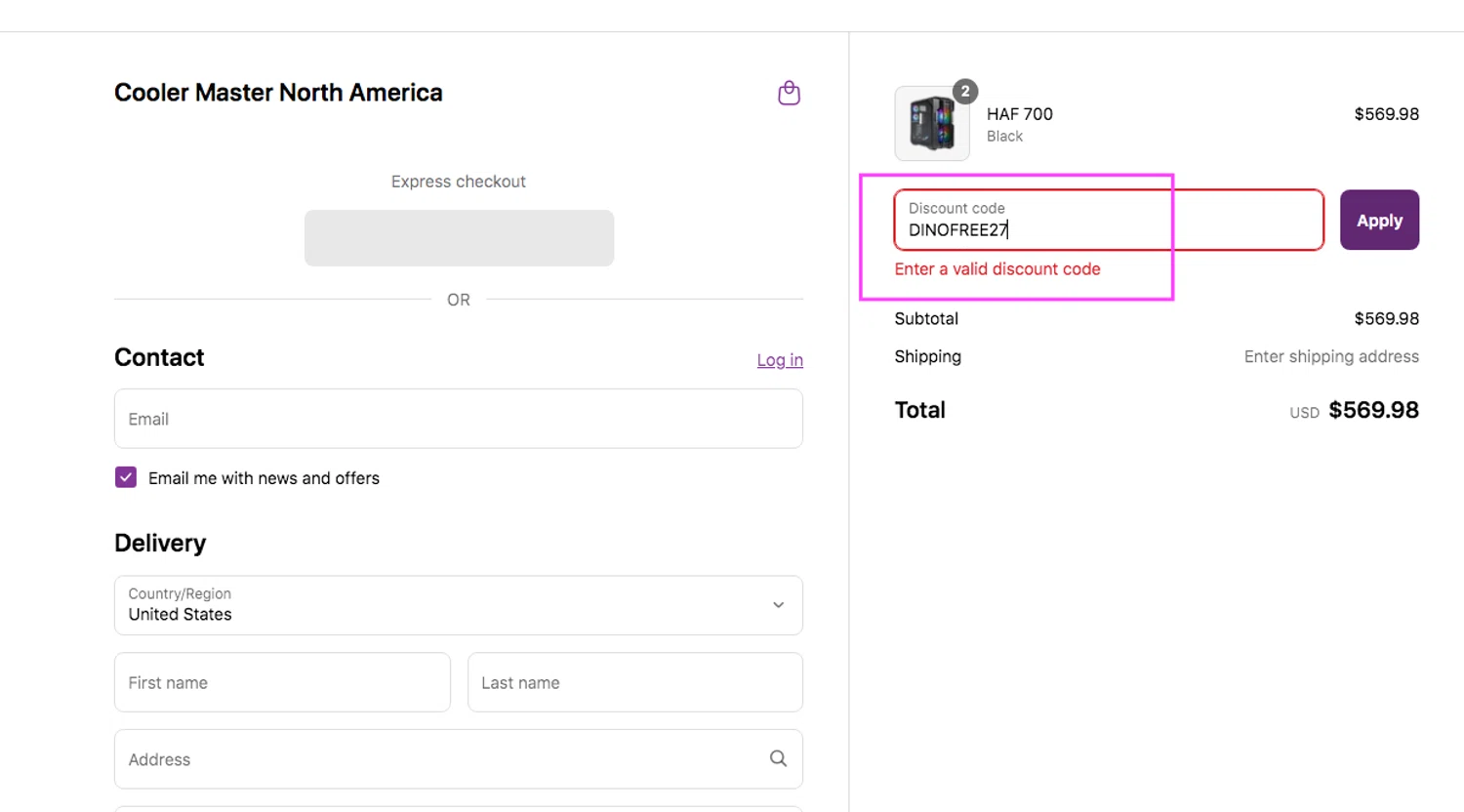 Cooler Master promo code screenshot showing code DINOFREE27 applied at Cooler Master checkout page. Uploaded by SimplyCodes community member AlejandraSarmiento on May 1, 2025