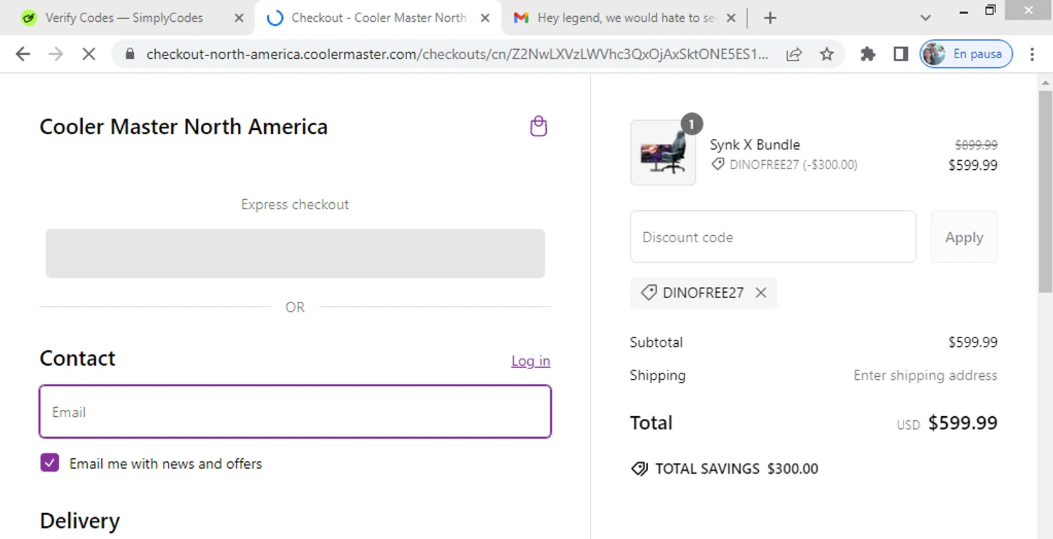 Cooler Master promo code screenshot showing code DINOFREE27 applied at Cooler Master checkout page. Uploaded by SimplyCodes community member ShieldWhiz4659 on Feb 9, 2025