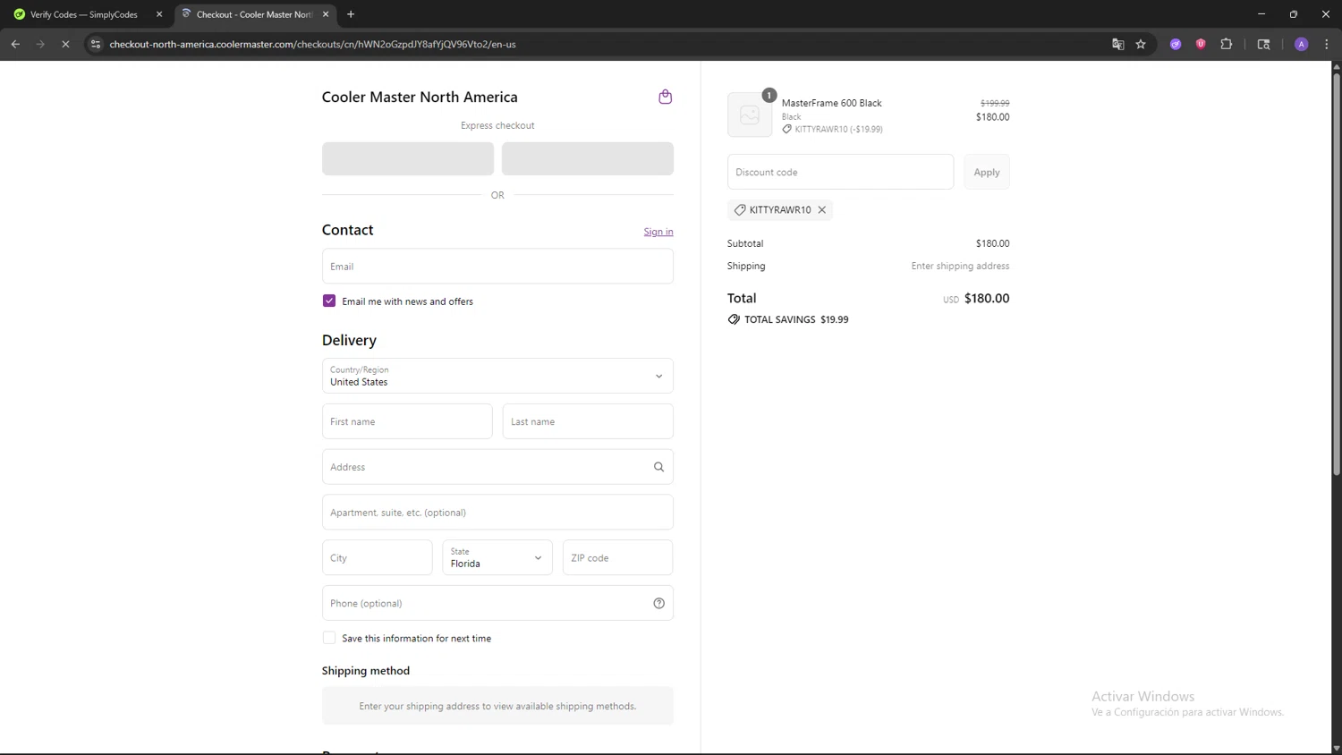 Cooler Master promo code screenshot showing code KITTYRAWR10 applied at Cooler Master checkout page. Uploaded by SimplyCodes community member SAKURA on Sep 10, 2025