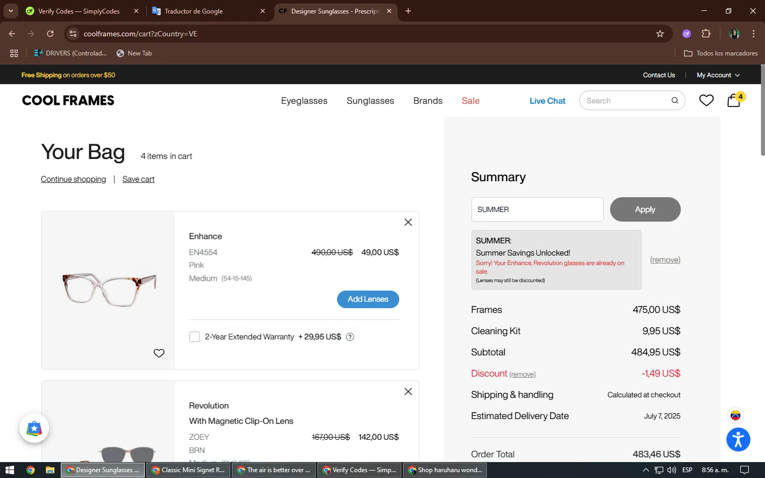 CoolFrames.com discount code screenshot showing code SUMMER applied at CoolFrames.com checkout page. Uploaded by SimplyCodes community member TheWizard on Jun 28, 2025