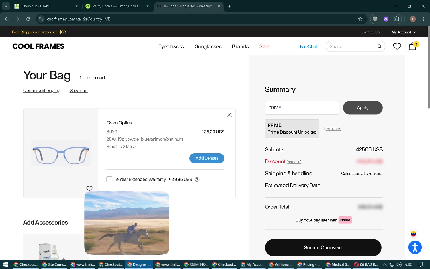 CoolFrames.com discount code screenshot showing code PRIME applied at CoolFrames.com checkout page. Uploaded by SimplyCodes community member BrilliantTiger9986 on Nov 19, 2025