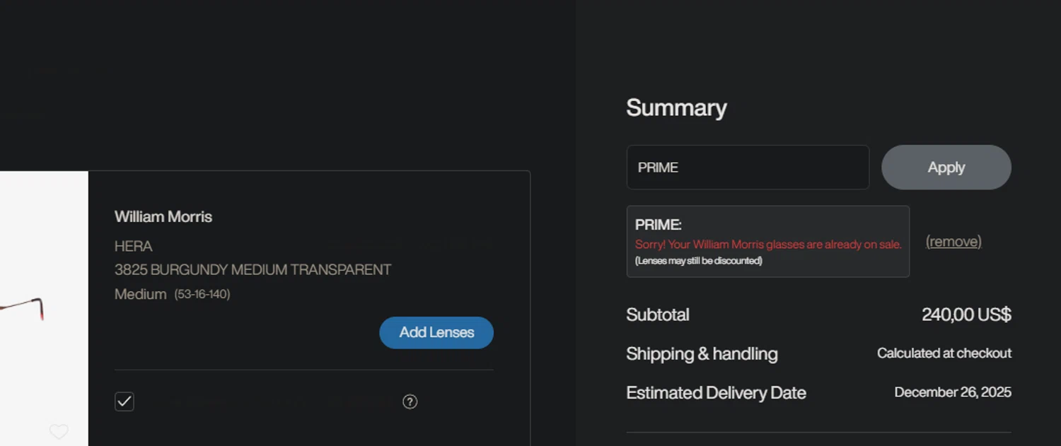 CoolFrames.com discount code screenshot showing code PRIME applied at CoolFrames.com checkout page. Uploaded by SimplyCodes community member PedroNavaja on Dec 18, 2025