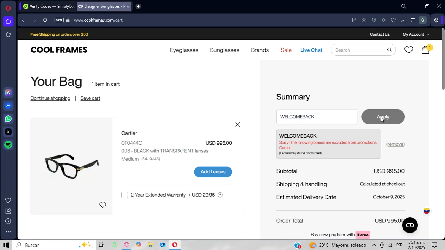 CoolFrames.com discount code screenshot showing code WELCOMEBACK applied at CoolFrames.com checkout page. Uploaded by SimplyCodes community member CrownWizard8571 on Oct 2, 2025