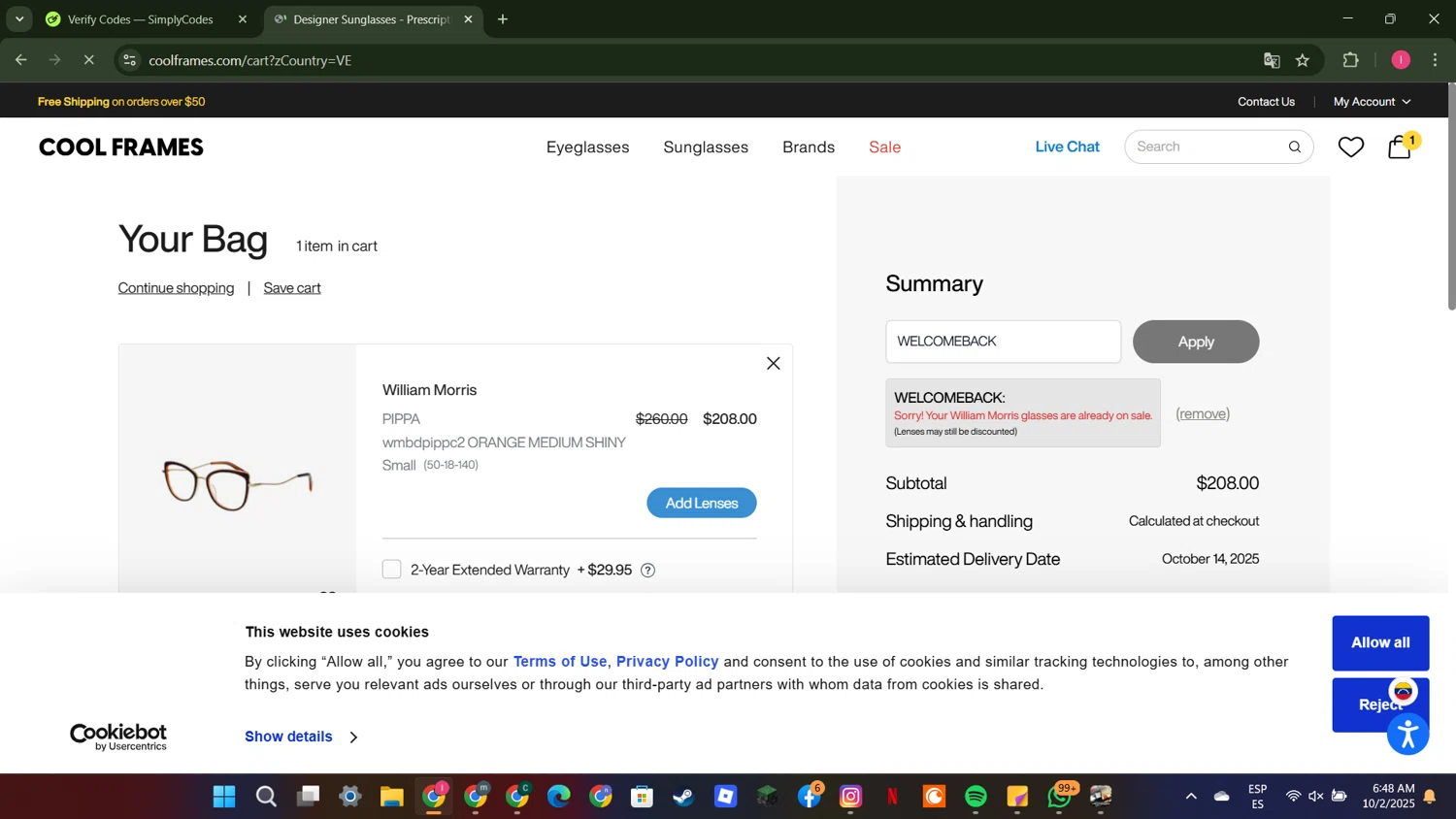 CoolFrames.com discount code screenshot showing code WELCOMEBACK applied at CoolFrames.com checkout page. Uploaded by SimplyCodes community member MightyGuardian8404 on Oct 2, 2025