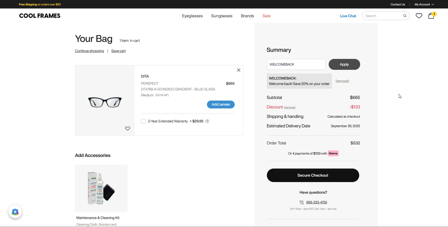CoolFrames.com discount code screenshot showing code WELCOMEBACK applied at CoolFrames.com checkout page. Uploaded by SimplyCodes community member lisethchirino on Sep 20, 2025
