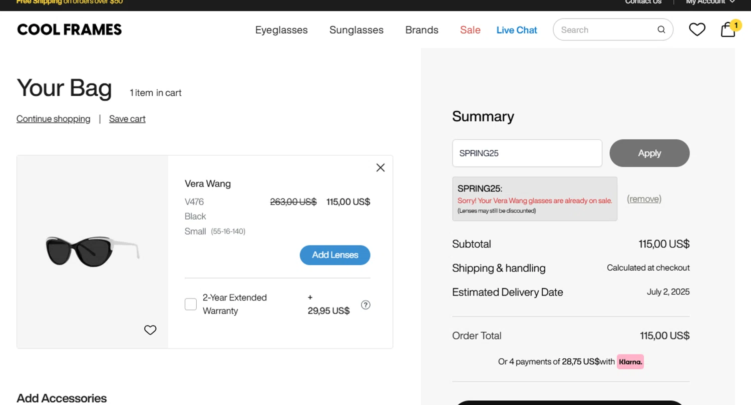 CoolFrames.com discount code screenshot showing code SPRING25 applied at CoolFrames.com checkout page. Uploaded by SimplyCodes community member Dejadepicharme on Jun 25, 2025