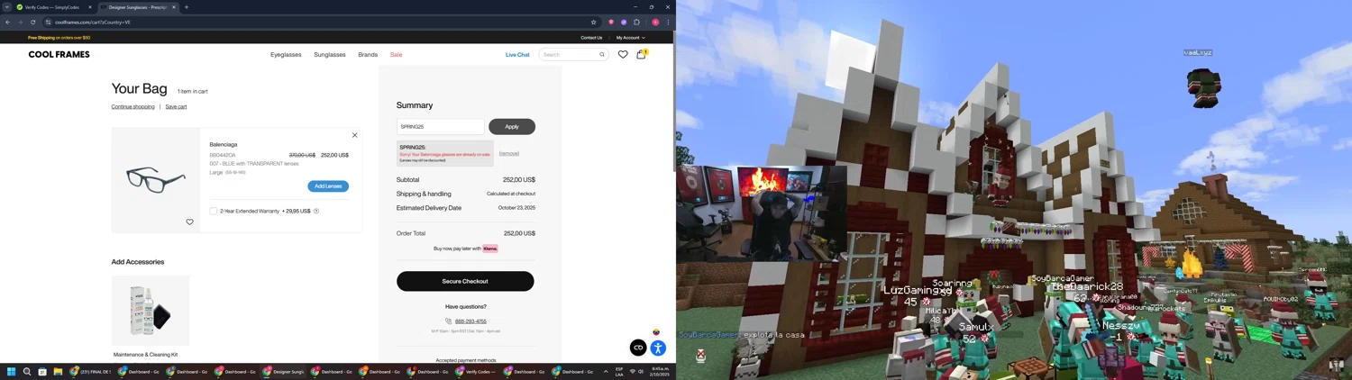 CoolFrames.com discount code screenshot showing code SPRING25 applied at CoolFrames.com checkout page. Uploaded by SimplyCodes community member TreasureWarden457 on Oct 2, 2025