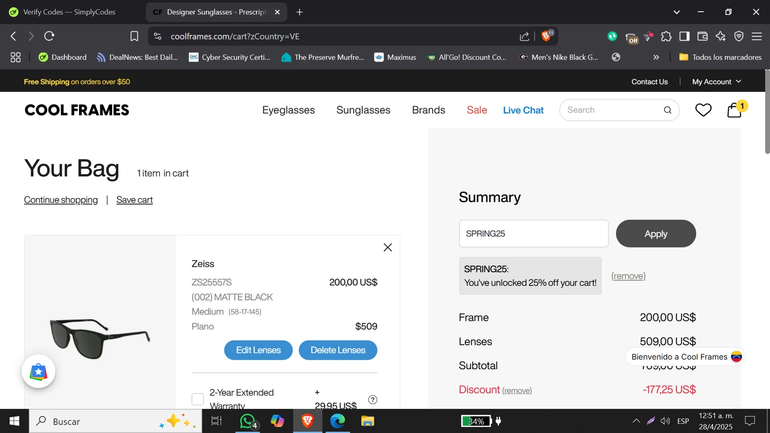 CoolFrames.com discount code screenshot showing code SPRING25 applied at CoolFrames.com checkout page. Uploaded by SimplyCodes community member DORIANGEL on Apr 28, 2025