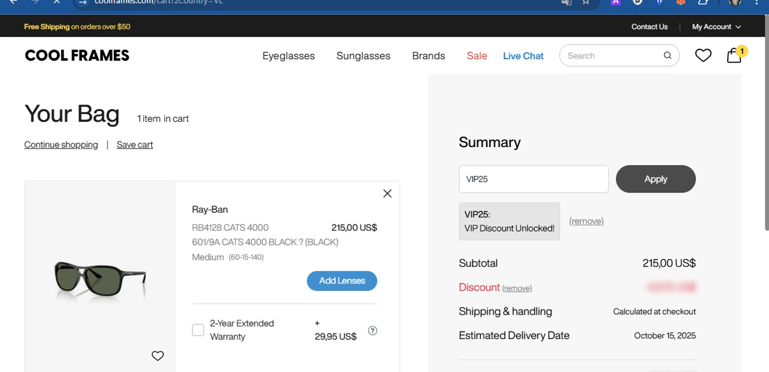 CoolFrames.com discount code screenshot showing code VIP25 applied at CoolFrames.com checkout page. Uploaded by SimplyCodes community member Acidwire on Sep 17, 2025