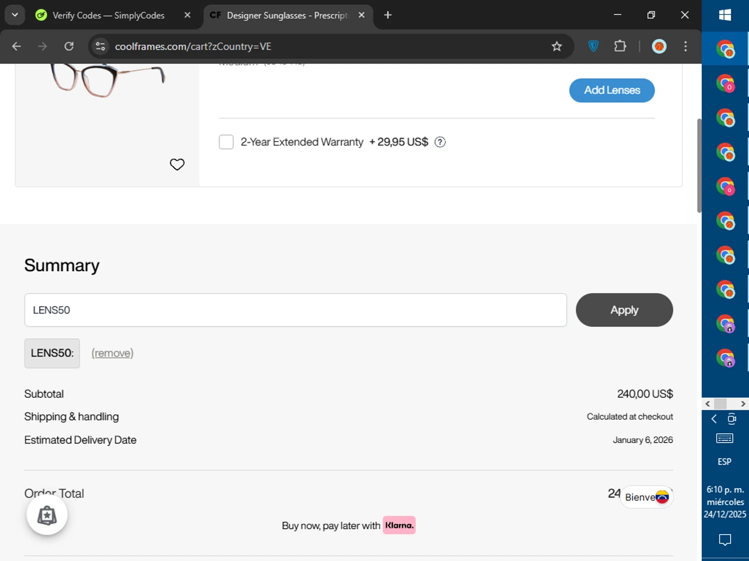 CoolFrames.com checkout page showing CoolFrames.com discount code box | Screenshot taken by SimplyCodes community member on Dec 24, 2025
