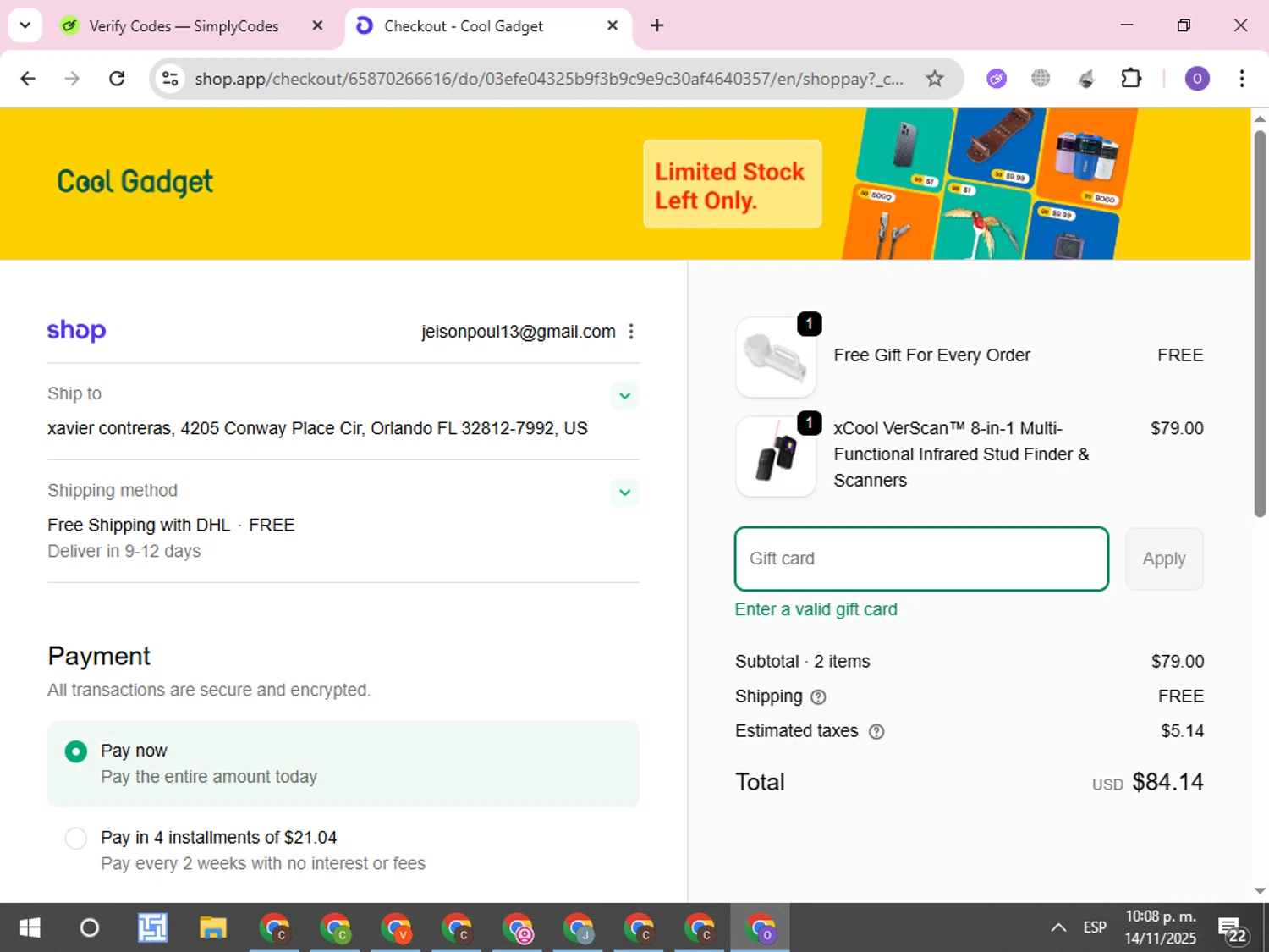 Cool Gadget promo code screenshot showing code thankyou applied at Cool Gadget checkout page. Uploaded by SimplyCodes community member CleverLynx8245 on Nov 15, 2025