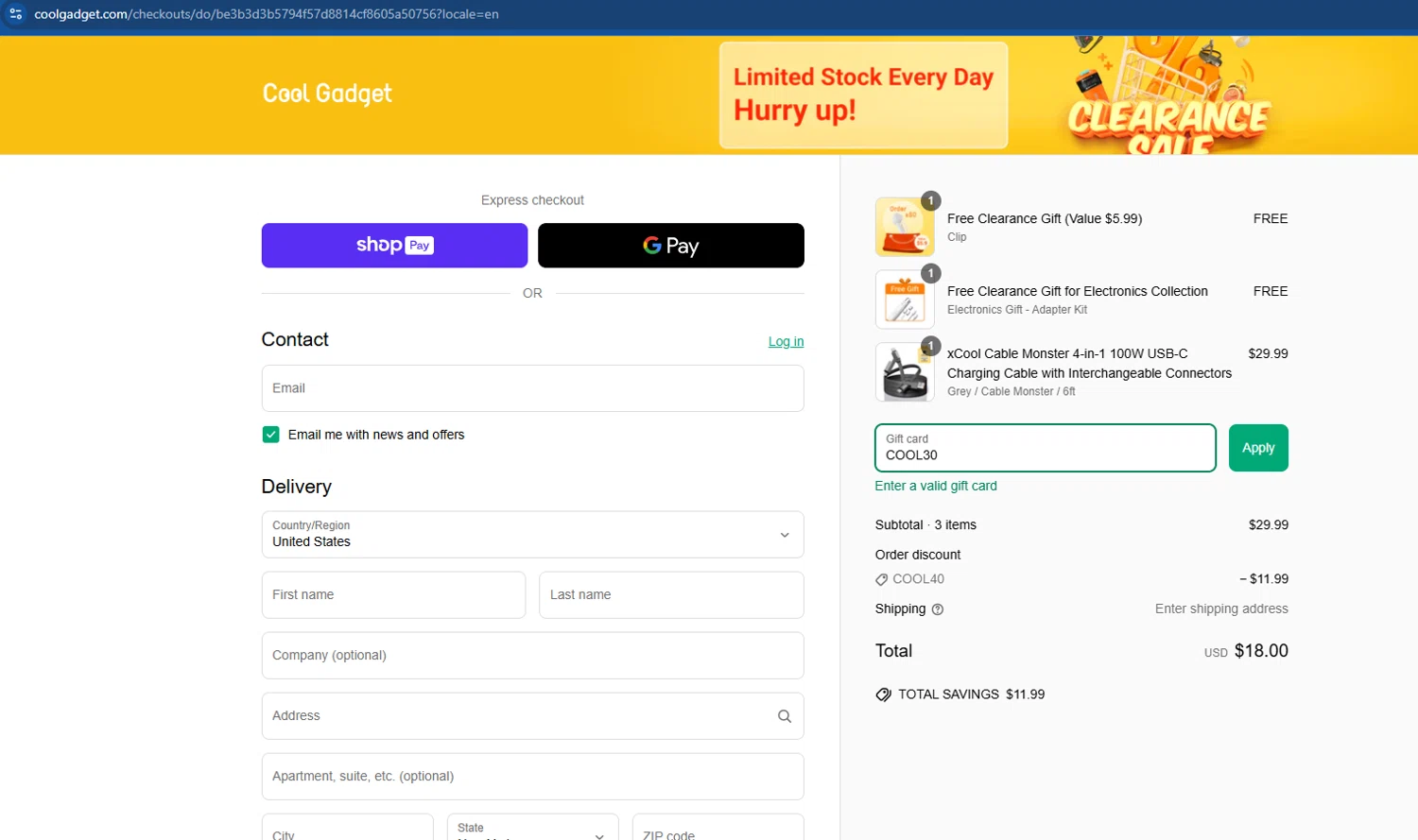 Cool Gadget promo code screenshot showing code COOL30 applied at Cool Gadget checkout page. Uploaded by SimplyCodes community member rekesonx4 on Apr 15, 2025