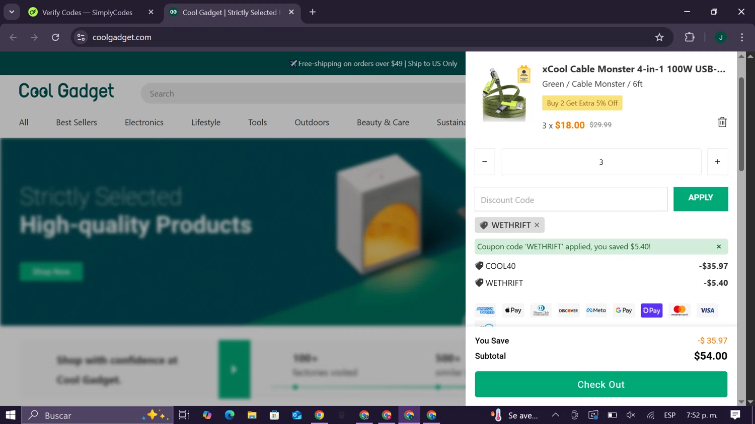 Cool Gadget promo code screenshot showing code WETHRIFT applied at Cool Gadget checkout page. Uploaded by SimplyCodes community member CleverElite8110 on Aug 22, 2025