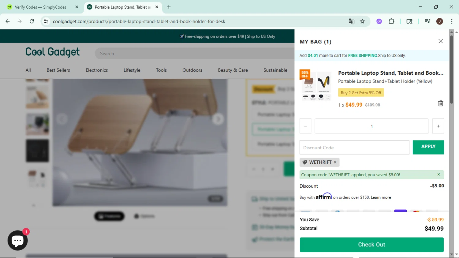 Cool Gadget promo code screenshot showing code WETHRIFT applied at Cool Gadget checkout page. Uploaded by SimplyCodes community member LegendaryAce8627 on Sep 21, 2025