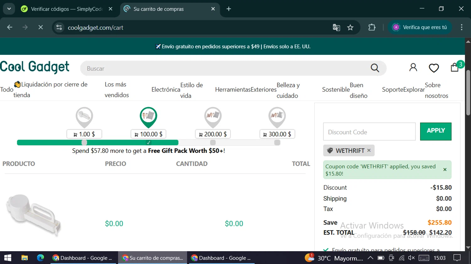 Cool Gadget promo code screenshot showing code WETHRIFT applied at Cool Gadget checkout page. Uploaded by SimplyCodes community member alexandracarolina on Dec 28, 2025
