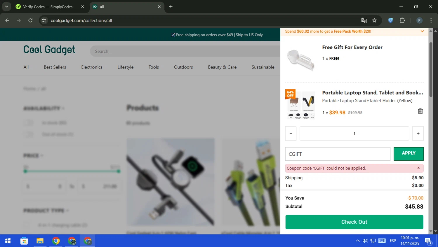 Cool Gadget promo code screenshot showing code CGIFT applied at Cool Gadget checkout page. Uploaded by SimplyCodes community member pajarito on Nov 15, 2025