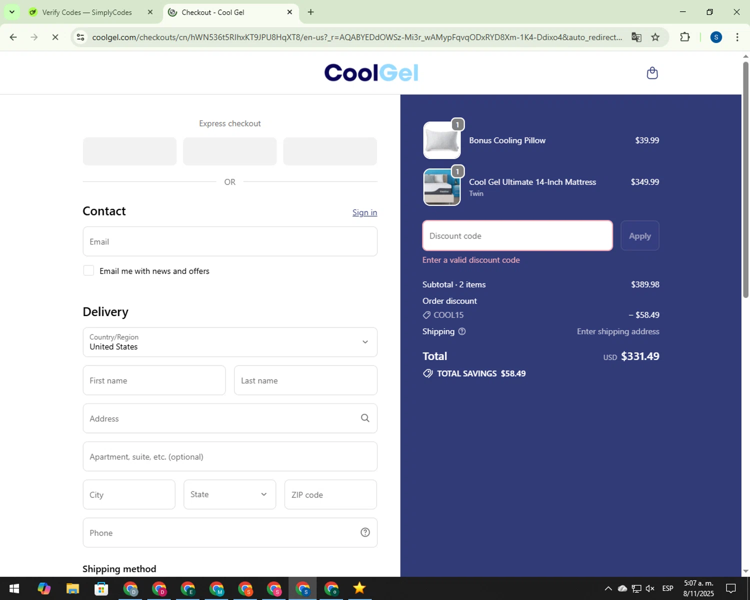 Coolgel.com promo code screenshot showing code Cool15 applied at Coolgel.com checkout page. Uploaded by SimplyCodes community member 00000007 on Nov 8, 2025