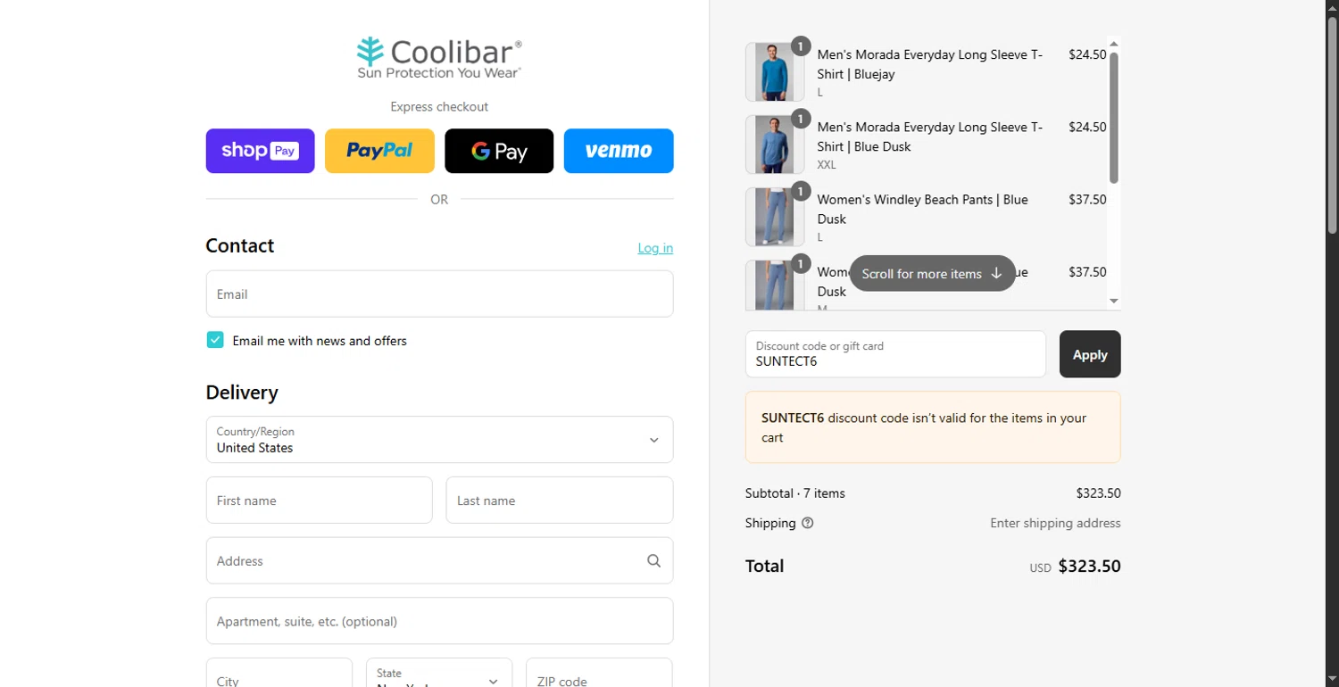 Coolibar promo code screenshot showing code SUNTECT6 applied at Coolibar checkout page. Uploaded by SimplyCodes community member LlonardoLotes on Jul 4, 2025