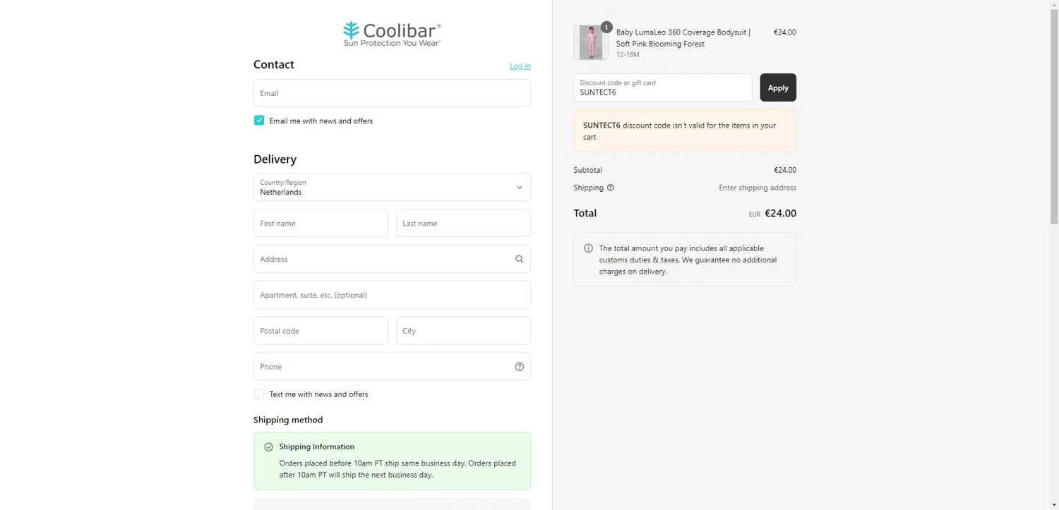 Coolibar promo code screenshot showing code SUNTECT6 applied at Coolibar checkout page. Uploaded by SimplyCodes community member PennyRanger8219 on Jul 4, 2025