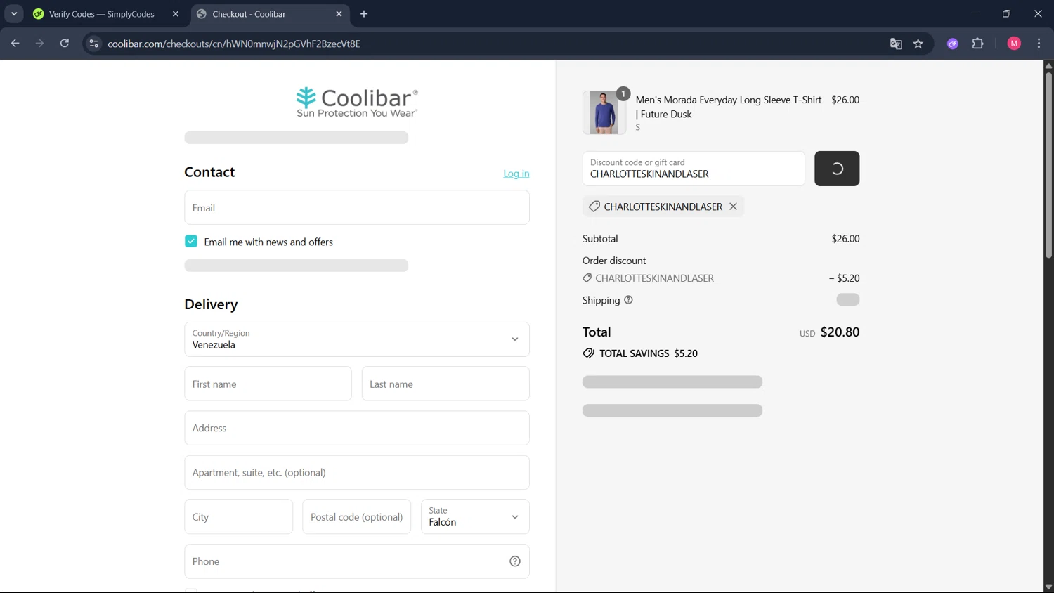 Coolibar promo code screenshot showing code CHARLOTTESKINANDLASER applied at Coolibar checkout page. Uploaded by SimplyCodes community member ValueCollector4159 on Jul 19, 2025
