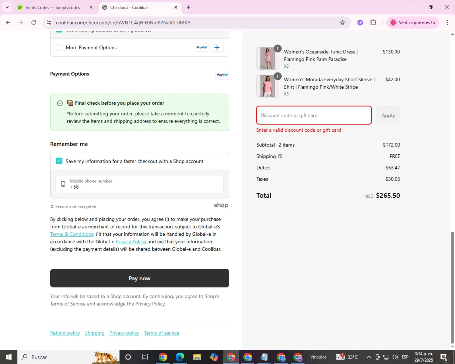 Coolibar promo code screenshot showing code endofsummmer applied at Coolibar checkout page. Uploaded by SimplyCodes community member BrilliantOwl406 on Jul 29, 2025