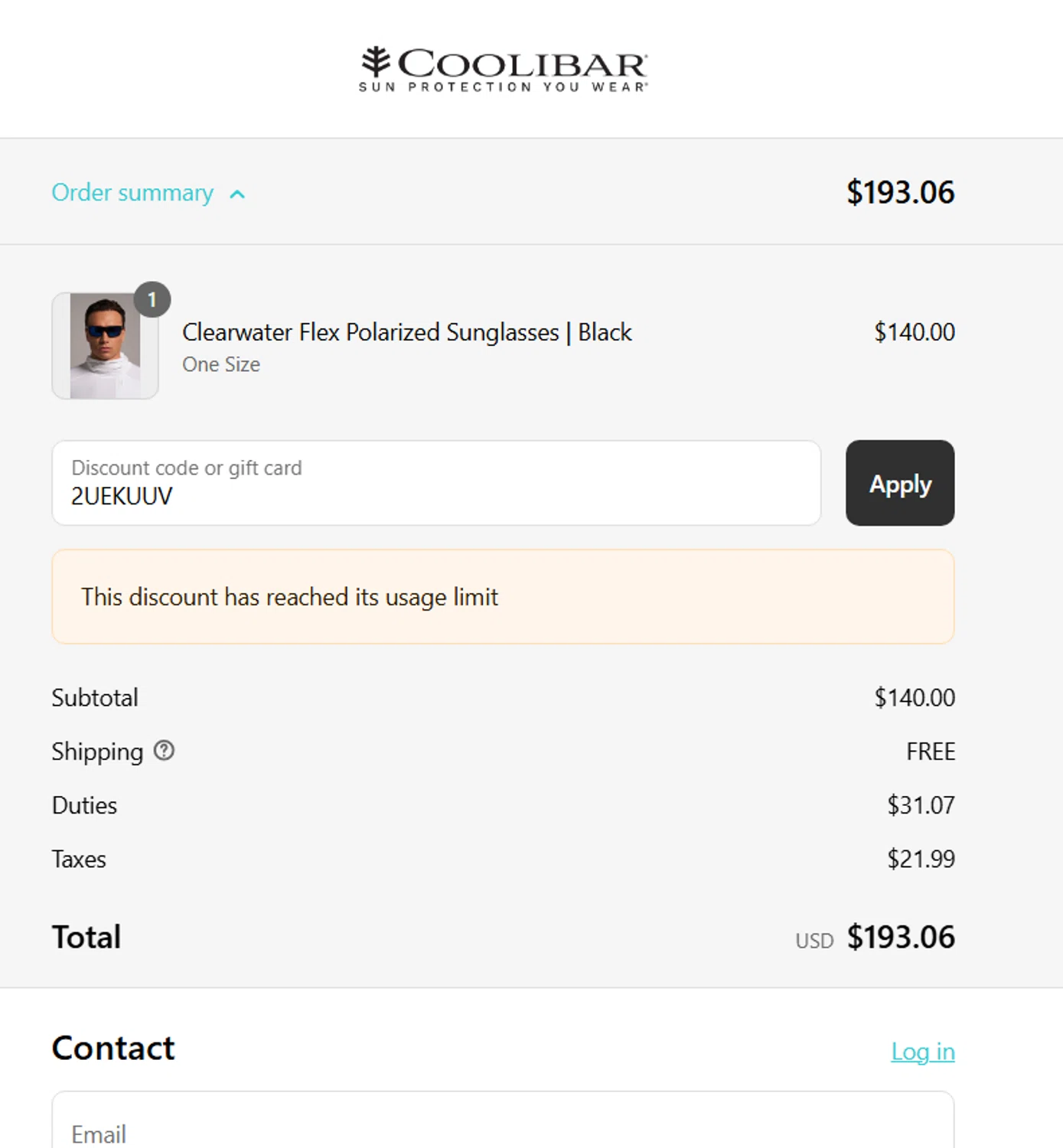 Coolibar promo code screenshot showing code 2UEKUUV applied at Coolibar checkout page. Uploaded by SimplyCodes community member Jose_515 on Aug 13, 2025