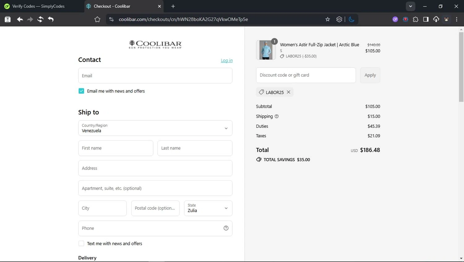 Coolibar promo code screenshot showing code LABOR25 applied at Coolibar checkout page. Uploaded by SimplyCodes community member domain on Aug 23, 2025