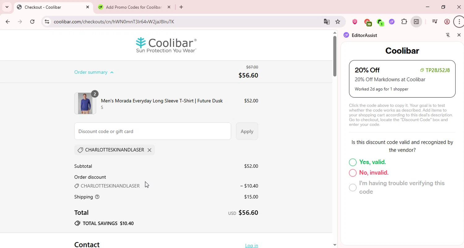 Coolibar promo code screenshot showing code CHARLOTTESKINANDLASER applied at Coolibar checkout page. Uploaded by SimplyCodes community member Isaac_leon on Jul 19, 2025