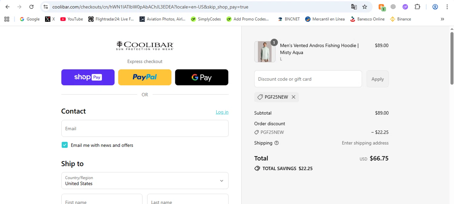 Coolibar promo code screenshot showing code PGF25NEW applied at Coolibar checkout page. Uploaded by SimplyCodes community member victor on Aug 13, 2025