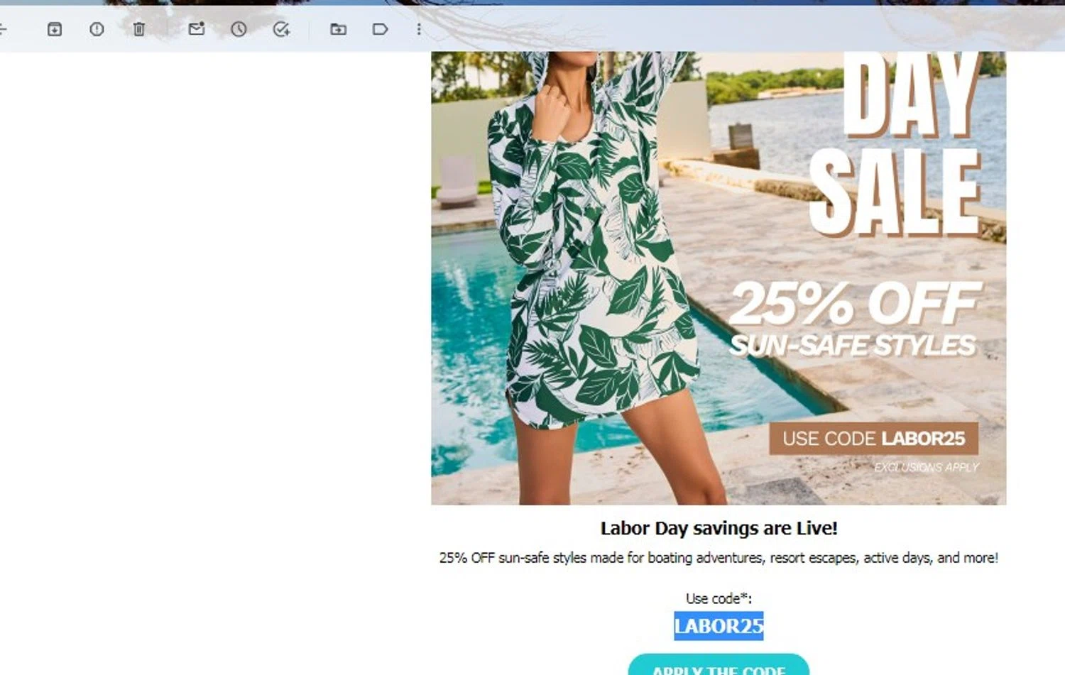 Coolibar promo code screenshot showing code LABOR25 applied at Coolibar checkout page. Uploaded by SimplyCodes community member yennifergonzalez on Aug 23, 2025