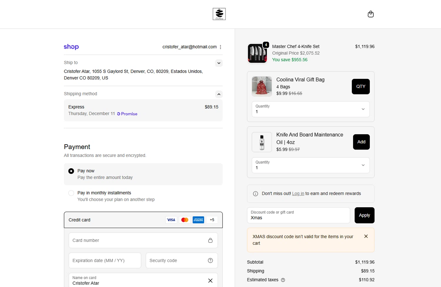 Coolina discount code screenshot showing code Xmas applied at Coolina checkout page. Uploaded by SimplyCodes community member DavGutFig on Dec 5, 2025